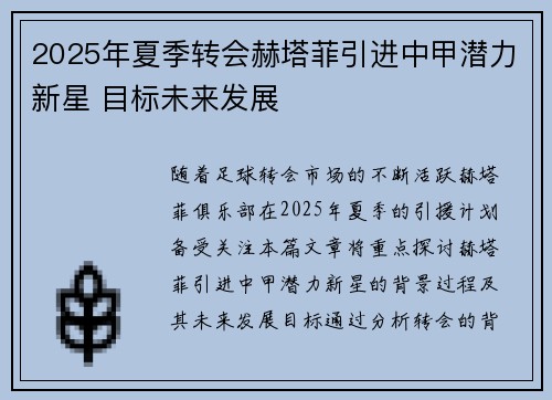 2025年夏季转会赫塔菲引进中甲潜力新星 目标未来发展