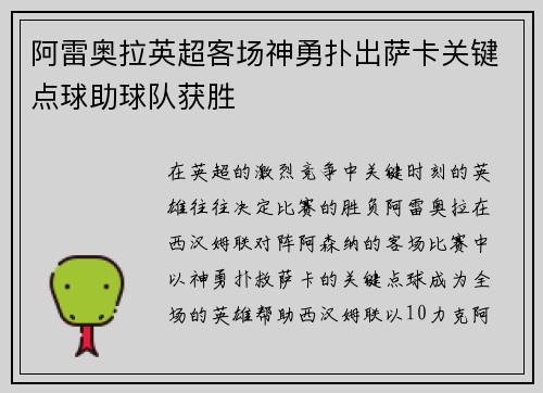阿雷奥拉英超客场神勇扑出萨卡关键点球助球队获胜